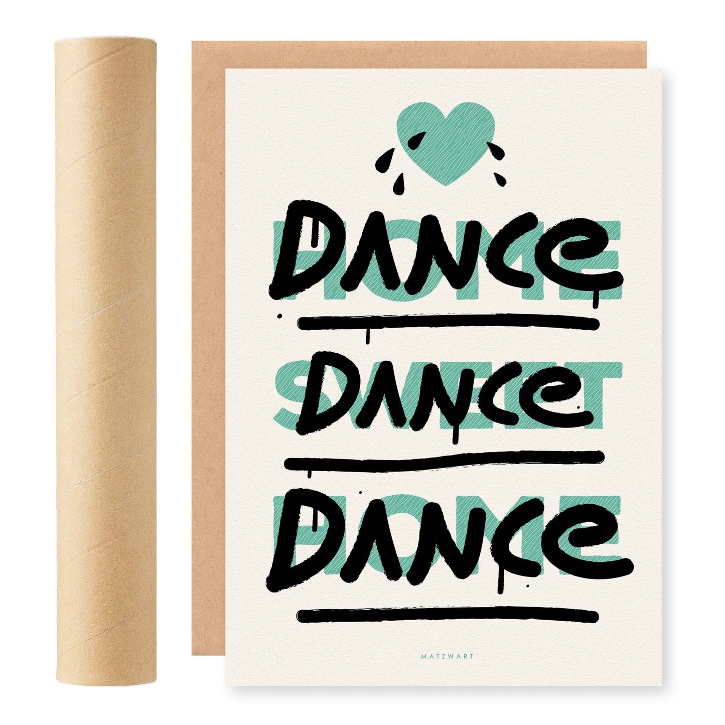 RISO print met de tekst 'Home Sweet Home' en 'Dance Dance Dance', ontwerp door Matzwart en verkrijgbaar bij cadeauwinkel 'A Given Horse'. Voorkant.