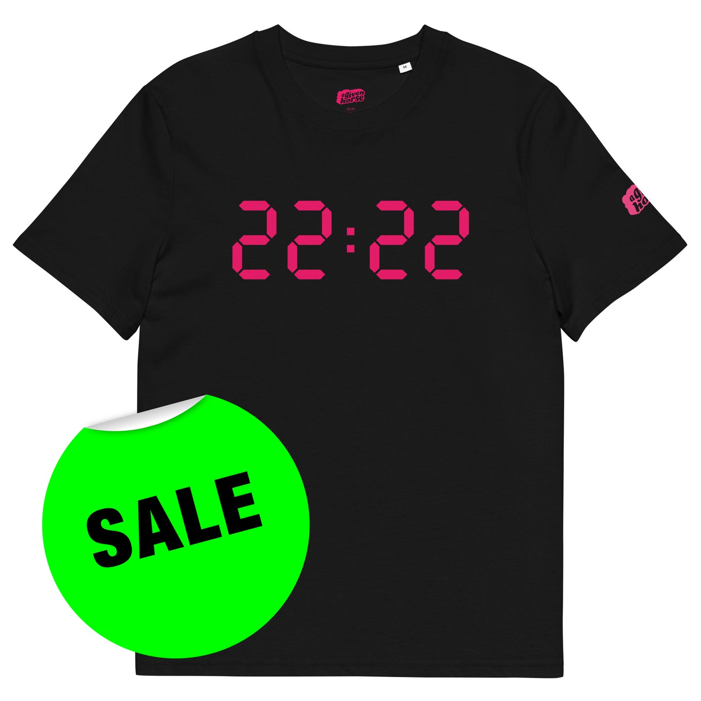 Zwart T-Shirt met de tekst '22:22', ontwerp door Matzwart en verkrijgbaar bij cadeauwinkel 'A Given Horse'. Voorkant, aanbieding.