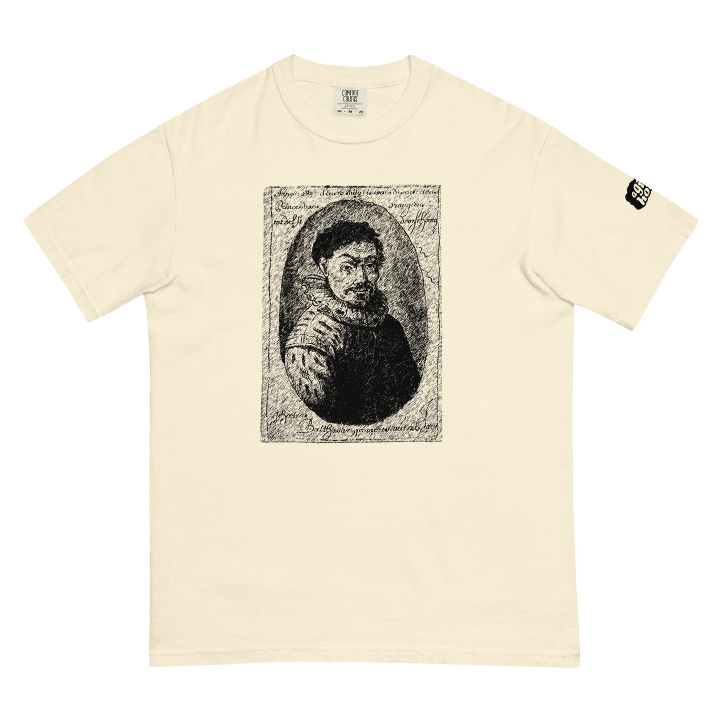 Wit T-Shirt met een afbeelding van Balthasar Gerards, ontwerp door De Zwarte Markt en verkrijgbaar bij cadeauwinkel 'A Given Horse'. Voorkant.