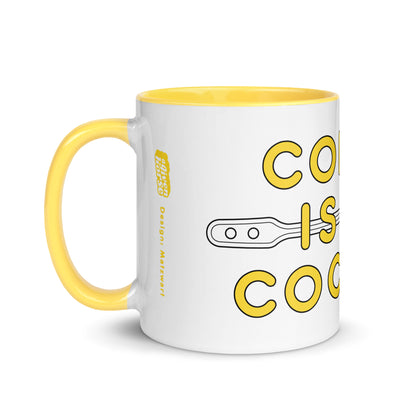 Wit-gele mok met de tekst 'cocaine is my coffee', ontwerp door Matzwart en verkrijgbaar bij cadeauwinkel 'A Given Horse'. Linkerzijkant.