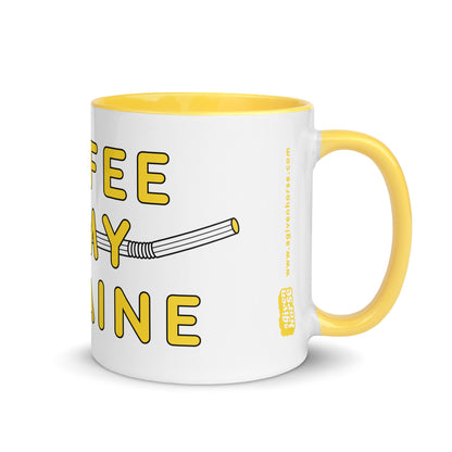 Wit-gele mok met de tekst 'cocaine is my coffee', ontwerp door Matzwart en verkrijgbaar bij cadeauwinkel 'A Given Horse'. Rechterzijkant.