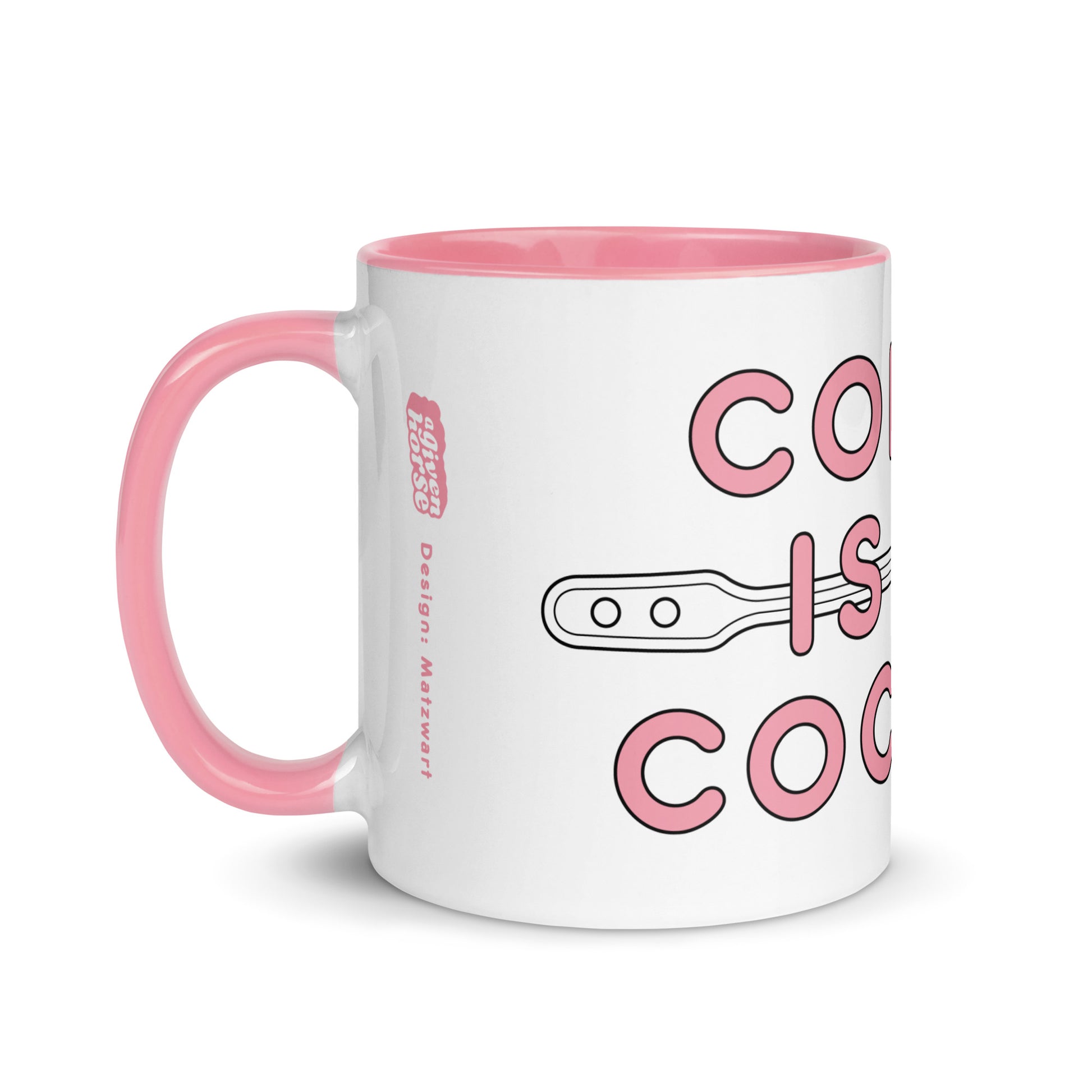 Wit-roze mok met de tekst 'cocaine is my coffee', ontwerp door Matzwart en verkrijgbaar bij cadeauwinkel 'A Given Horse'. Linkerzijkant.