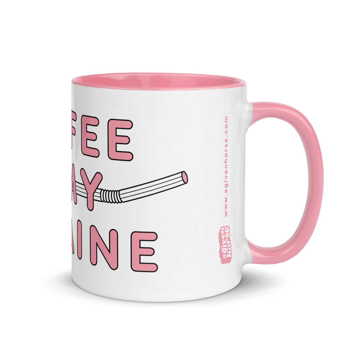 Wit-roze mok met de tekst 'cocaine is my coffee', ontwerp door Matzwart en verkrijgbaar bij cadeauwinkel 'A Given Horse'. Rechterzijkant.