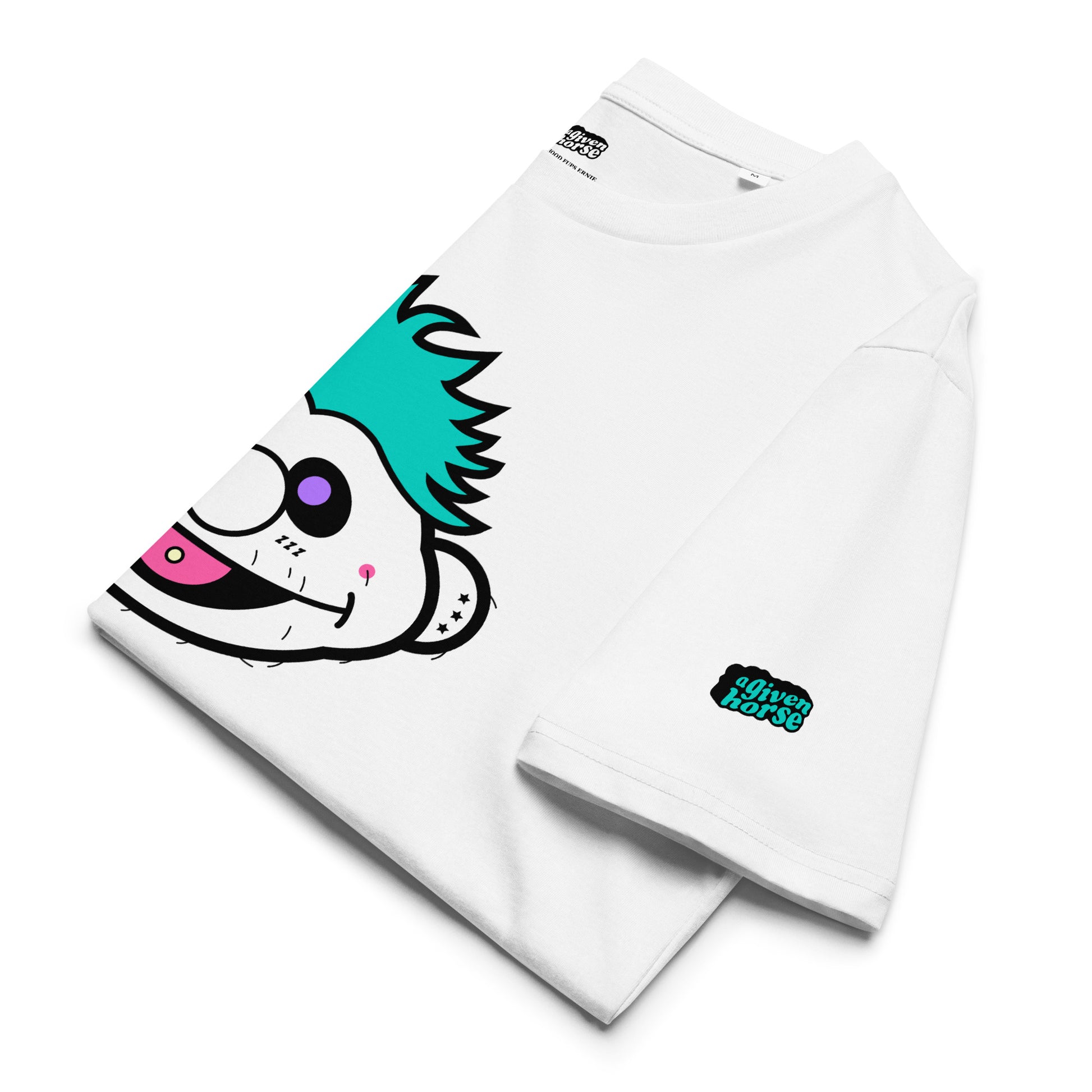 Wit T-Shirt met een afbeelding van Ernie, ontwerp door De Zwarte Markt en verkrijgbaar bij cadeauwinkel 'A Given Horse'. Gevouwen.