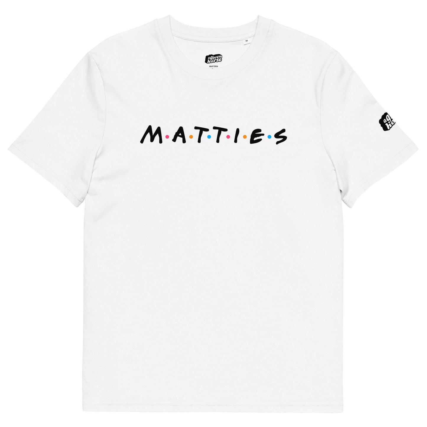 Wit T-Shirt met de tekst 'Matties', ontwerp door De Zwarte Markt en verkrijgbaar bij cadeauwinkel 'A Given Horse'. Voorkant.