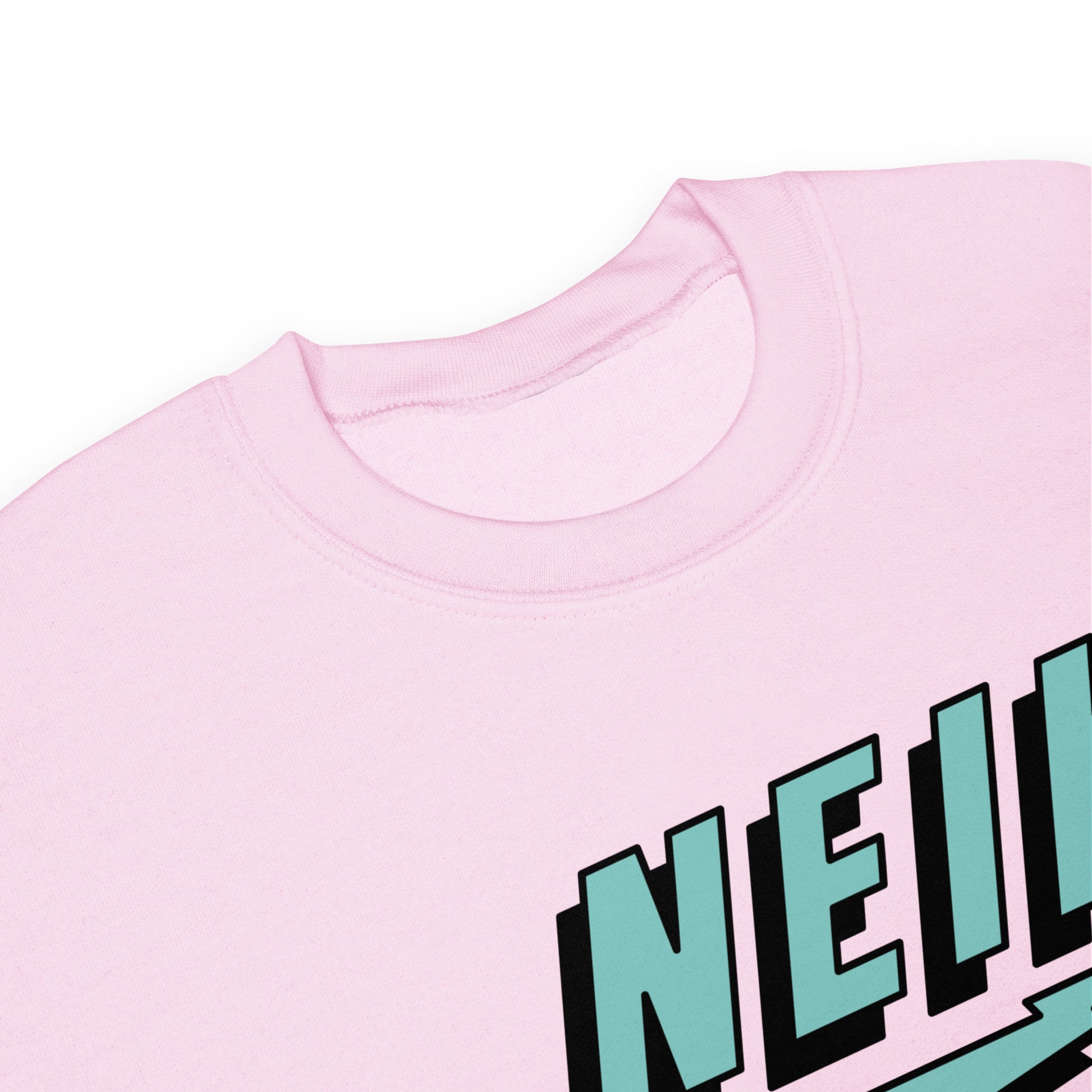 Lichtroze trui met het NEIK logo, ontwerp door De Zwarte Markt en verkrijgbaar bij cadeauwinkel 'A Given Horse'. Detail.