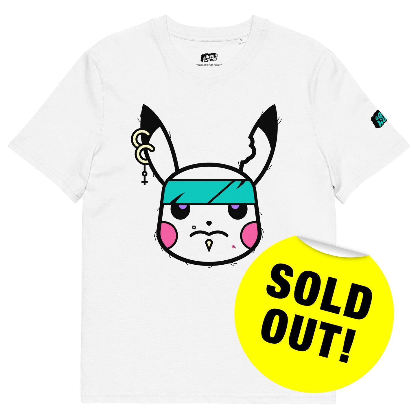 Wit T-Shirt met een afbeelding van Pikachu, ontwerp door De Zwarte Markt en verkrijgbaar bij cadeauwinkel 'A Given Horse'. Voorkant, uitverkocht.