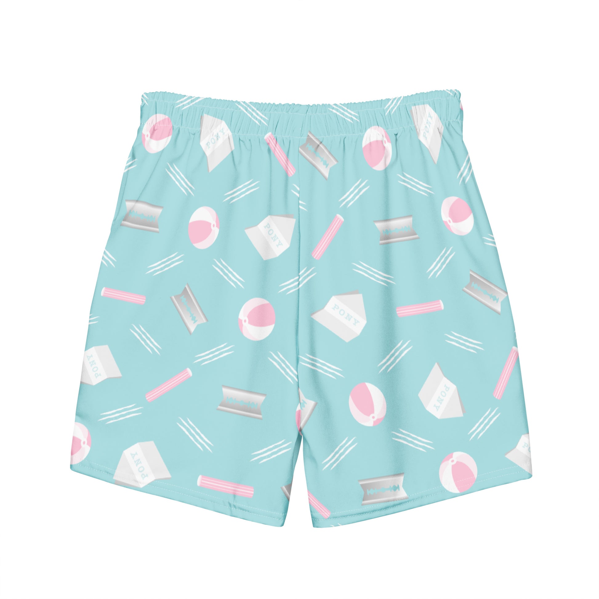 Lichtblauwe zwembroek met een all-over print van packies, rietjes en strandballen, ontwerp door Matzwart en verkrijgbaar bij 'A Given Horse'. Achterkant.