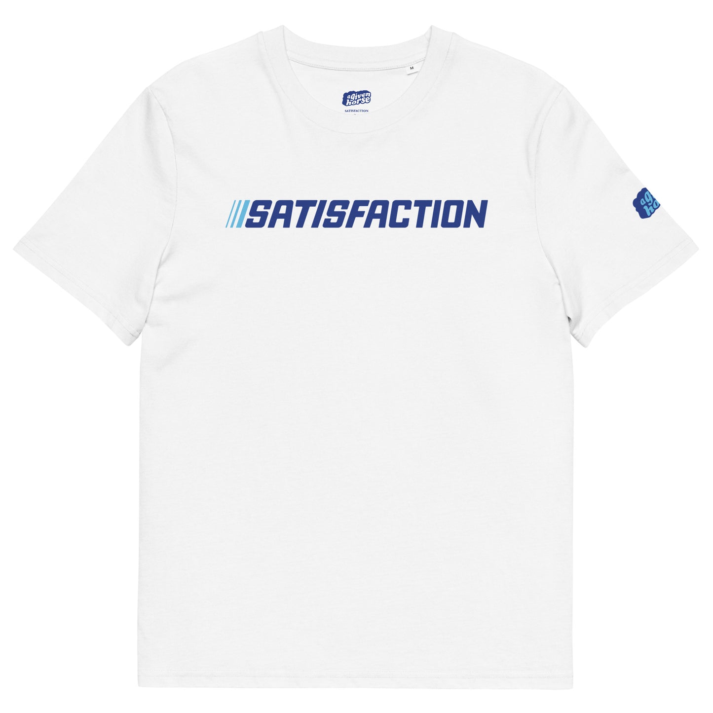 Wit T-Shirt met de tekst 'Satisfaction', ontwerp door De Zwarte Markt en verkrijgbaar bij cadeauwinkel 'A Given Horse'. Voorkant.