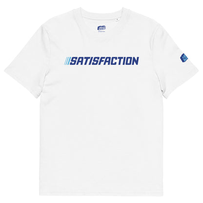 Wit T-Shirt met de tekst 'Satisfaction', ontwerp door De Zwarte Markt en verkrijgbaar bij cadeauwinkel 'A Given Horse'. Voorkant.