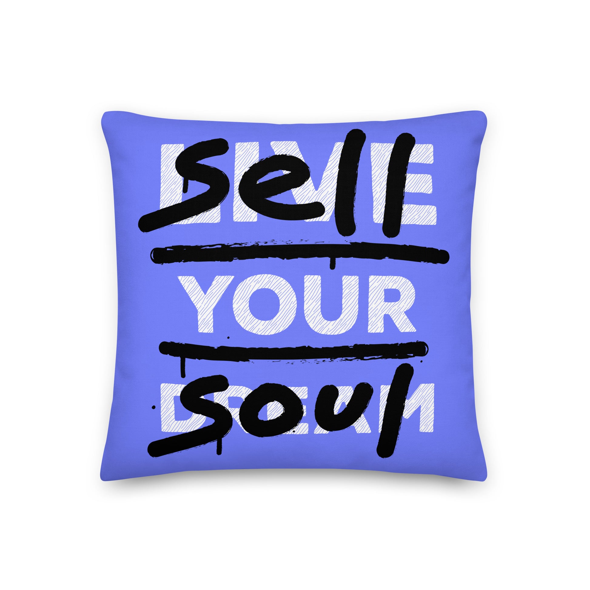 Paars kussen met de tekst 'Live Your Dream' en 'Sell Your Soul', ontwerp door Matzwart en verkrijgbaar bij cadeauwinkel 'A Given Horse'. Voorkant.