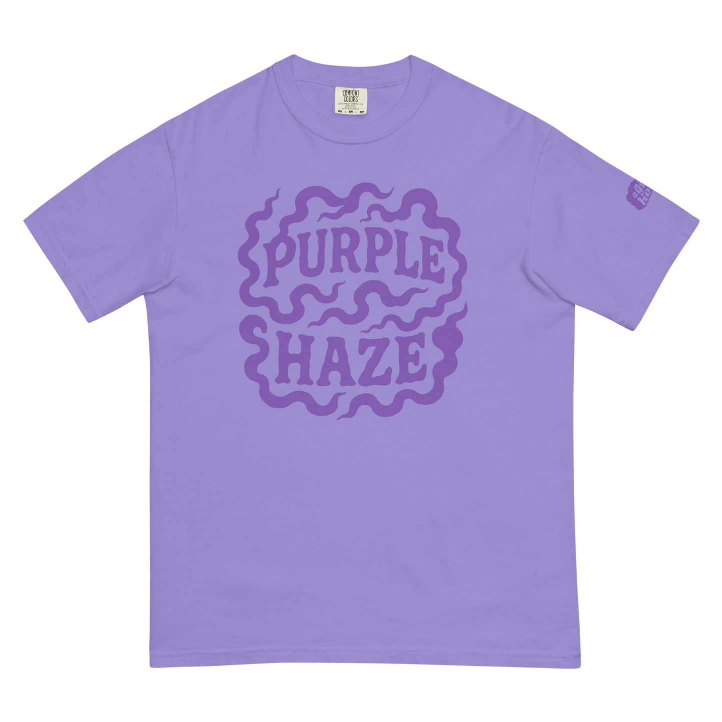 Paars T-Shirt met de tekst 'Purple Haze', ontwerp door Lay-Z en verkrijgbaar bij cadeauwinkel 'A Given Horse'. Voorkant.
