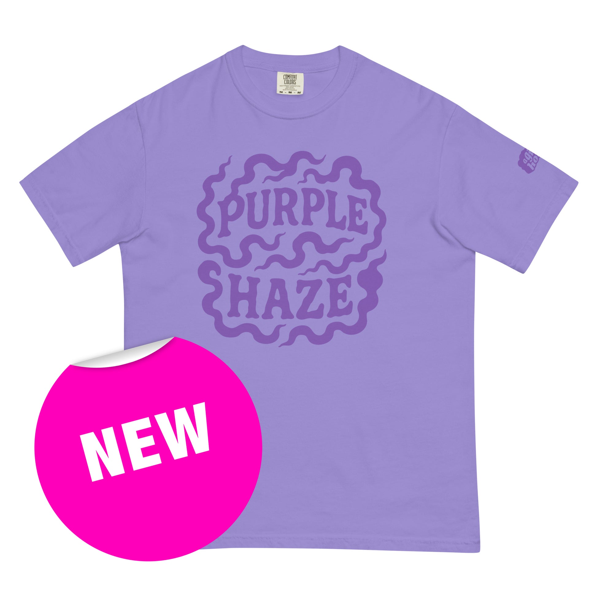 Paars T-Shirt met de tekst 'Purple Haze', ontwerp door Lay-Z en verkrijgbaar bij cadeauwinkel 'A Given Horse'. Voorkant, nieuw.