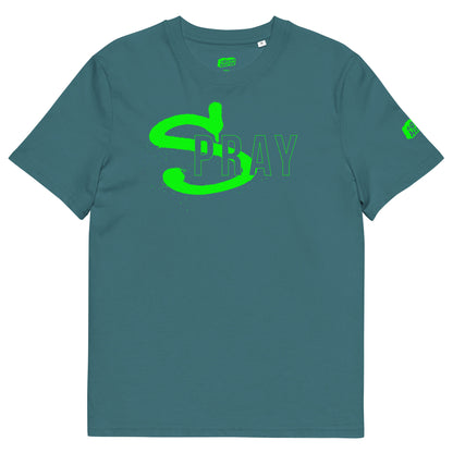 Groen T-Shirt met de tekst 'Spray', ontwerp door Matzwart en verkrijgbaar bij cadeauwinkel 'A Given Horse'. Voorkant.